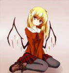  1girl alternate_costume black_legwear blonde_hair fashion flandre_scarlet flower grey_background hair_bobbles hair_ornament head_tilt long_sleeves misoshiru_(meridianchild312) pantyhose red_eyes shirt side_ponytail simple_background sitting skirt smile solo touhou v_arms wariza wings 