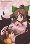  2girls alternate_costume bare_shoulders blush blush_stickers bow breast_rest breasts breasts_on_head brown_hair hair_bow happy highres hug kokuu_haruto large_breasts long_hair mother_and_daughter multiple_girls open_mouth red_eyes reiuji_utsuho smile sweater touhou wings 