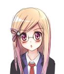  1girl blonde_hair blush bust glasses long_hair looking_at_viewer majolica_le_fay necktie ookami-san rennkuu simple_background solo violet_eyes white_background 