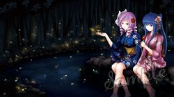  2girls blue_eyes blue_hair candy_apple dlanor_a_knox drill_hair firefly flower fox_mask furudo_erika hair_flower hair_ornament japanese_clothes kimono kurahika mask multiple_girls purple_hair river sample sitting smile tree twintails umineko_no_naku_koro_ni yellow_eyes yukata 