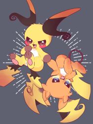 2others animal blue_eyes brown_eyes commentary_request fang fangs highres looking_at_viewer maaari_pkmn mega_raichu_x mega_raichu_y no_humans open_mouth pokemon pokemon_(creature) pokemon_focus pokemon_legends:_z-a raichu smile