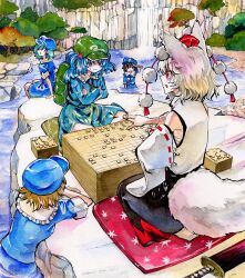  5girls animal_ears aqua_hair black_hair black_skirt blue_eyes blue_hair blue_hat board_game brown_hair detached_sleeves flat_cap green_hat grey_hair hat highres inubashiri_momiji kabaji kappa_mob_(touhou) kawashiro_nitori multiple_girls outdoors red_eyes red_skirt ribbon-trimmed_sleeves ribbon_trim seiza shogi short_hair sitting skirt sword tail touhou two_side_up water waterfall weapon wolf_ears wolf_girl wolf_tail 