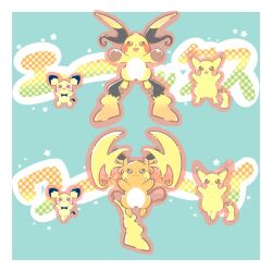 black_eyes black_fur blue_eyes blush_stickers closed_mouth evolutionary_line fangs full_body highres horns lightning_bolt_symbol mega_pokemon mega_raichu_x mega_raichu_y mouse_(animal) multiple_tails no_humans orange_fur pichu pikachu pokemon pokemon_(creature) pokemon_focus pokemon_legends:_z-a pom_pona raichu red_eyes smile tail two-tone_fur v-shaped_eyes very_long_ears very_long_tail yellow_fur