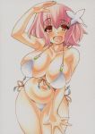 1girl arm_up bikini breasts butterfly_hair_ornament cleavage collarbone front-tie_top grey_background hair_ornament large_breasts looking_at_viewer marker_(medium) millipen_(medium) navel open_mouth pencil_crayon_(medium) pink_hair red_eyes saigyouji_yuyuko side-tie_bikini simple_background smile solo swimsuit touhou traditional_media white_bikini white_swimsuit yutakasan-love 