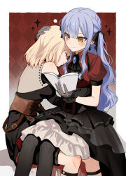  2girls absurdres argyle_background bang_dream! bang_dream!_it's_mygo!!!!! belt black_corset black_pantyhose black_shirt black_shorts black_skirt black_wrist_cuffs blonde_hair blue_brooch blue_hair book border brooch brown_belt brown_corset closed_mouth clothing_cutout commentary_request corset cross-laced_clothes cross-laced_corset doloris_(bang_dream!) facing_another feet_out_of_frame frilled_wrist_cuffs frills gloves gradient_background grey_gloves grey_shirt hair_between_eyes hair_ribbon hand_on_another's_head hand_up head_on_another's_shoulder heads_together highres holding holding_book hug invisible_chair jewelry layered_skirt light_blush long_hair long_sleeves looking_at_object medium_hair medium_skirt misumi_uika multiple_girls oblivionis_(bang_dream!) outside_border pantyhose parted_lips petticoat profile puffy_short_sleeves puffy_sleeves red_background red_shirt ribbon shin_strap shirt short_sleeves shorts shoulder_cutout sitting sitting_on_lap sitting_on_person skirt smile star_(symbol) togawa_sakiko two-tone_shirt usamin_(megumikira) white_border wrist_cuffs yellow_eyes 