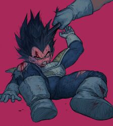  2boys battle_damage black_hair blood blood_on_face blue_bodysuit bodysuit boots chimachimadb dragon_ball dragon_ball_z full_body gloves grabbing_another&#039;s_hair half-closed_eyes highres holding_another&#039;s_hair male_focus medium_hair multiple_boys purple_background recoome saiyan_armor simple_background solo_focus spiky_hair torn_bodysuit torn_clothes vegeta white_boots white_gloves 