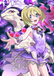  1girl blonde_hair blush breasts closed_mouth dress fire flower hair_between_eyes headband highres hisuian_typhlosion irida_(anniversary_2025)_(pokemon) irida_(pokemon) looking_at_viewer neckerchief official_alternate_costume open_mouth pink_fire pokemon pokemon_(creature) pokemon_masters_ex purple_dress purple_fire purple_fur purple_headband purple_neckerchief purple_shorts purple_wrist_cuffs red_eyes short_hair shorts shorts_under_dress skull_and_crossbones sleeveless sleeveless_dress smile terastallization wrist_cuffs yuu_(jgvj7873) 