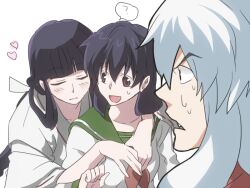  1boy 2girls :d ? black_hair blunt_bangs blush breasts brown_eyes buibo choppy_bangs closed_eyes collarbone confused fang furrowed_brow hair_between_eyes hand_up heart higurashi_kagome hug hug_from_behind inuyasha inuyasha_(character) japanese_clothes kikyou_(inuyasha) kimono long_hair long_sleeves looking_at_another medium_breasts mismatched_eyebrows multiple_girls neckerchief nervous_sweating netorare parted_lips portrait profile raised_eyebrows red_neckerchief school_uniform serafuku sidelocks simple_background smile speech_bubble spoken_question_mark sweat sweatdrop thick_outlines three-quarter_sleeves u_u v-shaped_eyebrows white_background white_hair yuri 