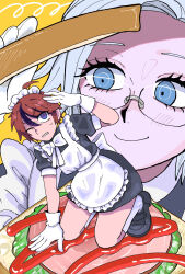  2boys ahoge alternate_costume aotsuki_eito apron black_dress black_shoes black_streaks blue_eyes bow bowtie bread bread_slice crossdressing crossdressing_(mtf) dress enmaided food frills giant glasses grey_hair ham hand_on_own_head highres holding holding_food ketchup kneeling lettuce looking_at_another looking_up maid maid_apron maid_headdress male_focus male_maid multicolored_hair multiple_boys muro_(nrvc5252) on_food red_hair sandwich shoes short_hair size_difference smile socks streaked_hair sumino_takumi the_hundred_line_-last_defense_academy- white_apron white_bow white_bowtie white_socks 