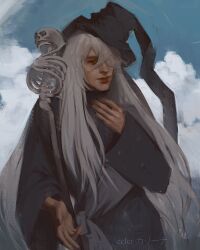  1boy bandaged_head bandages black_hat black_robe clouds cloudy_sky ecler_ecler hand_on_own_chest hat head_tilt highres kuroshitsuji long_hair looking_at_viewer male_focus offering_hand painterly ribs robe skeleton skull sky smirk solo staff undertaker_(kuroshitsuji) very_long_hair white_hair 