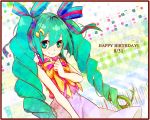  1girl dated green_eyes green_hair hair_ribbon hand_on_own_chest happy_birthday hatsune_miku long_hair musical_note ribbon smile solo twintails vocaloid 