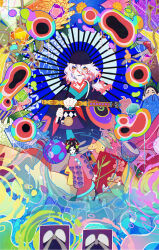  1boy 1other adversarial_noise akabeko bandana black_bandana black_kimono blue_eyeshadow blue_lips blue_umbrella closed_mouth clutter colored_tips colorful comb commentary_request dokosa_hekisa doll eyeshadow facial_mark flat_color flower gekijouban_mononoke geta hair_between_eyes hand_fan hands_up highres hikimayu holding holding_umbrella holding_weapon japanese_clothes kimono kusuriuri_(gekijouban_mononoke) lipstick long_bangs long_sleeves looking_at_viewer looking_down low_side_ponytail makeup male_focus medium_hair mononoke multicolored_hair oil-paper_umbrella pale_skin pink_hair pointy_ears pov print_kimono purple_sandals rain red_eyeshadow reflection reflection_focus ripples sandals socks solo_focus standing standing_on_liquid sword_of_exorcism tabi two-tone_hair umbrella upper_body water weapon white_hair white_socks yellow_eyes 