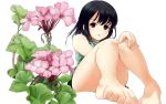  1girl barefoot black_eyes black_hair feet flower foreshortening legs long_hair original simple_background skirt solo toes white_background 