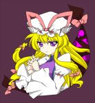  1girl blonde_hair eyes gap hair_ribbon hands_clasped hat kanoe ribbon solo touhou violet_eyes wide_sleeves yakumo_yukari 