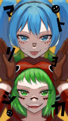  2girls absurdres aqua_hair blue_hair gloves green_eyes green_hair gumi hatsune_miku headphones highres hood hoodie jacket long_hair looking_at_viewer matryoshka_(vocaloid) multicolored_eyes multiple_girls red_eyes red_hoodie short_hair smile tatyaoekaki twintails vocaloid yellow_background 