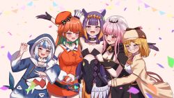  5girls absurdres animal_costume animal_hood black_cape black_dress blonde_hair blue_eyes blue_hair blue_hoodie brown_jacket cape dress fins fish_tail gawr_gura gawr_gura_(1st_costume) gloves gradient_hair green_hair highres hololive hololive_english holomyth hood hoodie jacket looking_at_viewer low_wings mori_calliope mori_calliope_(1st_costume) multicolored_hair multiple_girls necktie ninomae_ina&#039;nis ninomae_ina&#039;nis_(1st_costume) orange_hair orange_shirt pink_eyes pink_hair purple_gloves purple_hair red_eyes red_necktie shark_costume shark_girl shark_hood shark_tail sharkudon shirt sidelocks sleeveless sleeveless_shirt smile spiked_cape strapless strapless_dress streaked_hair tail takanashi_kiara takanashi_kiara_(1st_costume) tube_dress violet_eyes virtual_youtuber watson_amelia watson_amelia_(1st_costume) white_hair white_shirt wings 