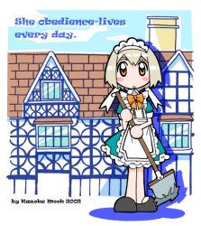  1girl 2002 :o akaboshi_mei anime_coloring apron archived_source back_bow bad_source black_shoes blonde_hair blue_dress blue_sky blush_stickers bow building chimney clouds dated dress dress_shoes drop_shadow english_text frilled_apron frills full_body hair_between_eyes hair_ribbon headdress holding holding_mop lace-trimmed_apron lace-trimmed_headdress lace-trimmed_petticoat lace_trim legs_together looking_at_viewer maid maid_apron maid_headdress mansion mop mukku_(mook-tv) no_nose orange_eyes original puffy_short_sleeves puffy_sleeves ribbon rooftop shoes short_dress short_hair short_sleeves sky solo straight_hair thick_eyebrows toon_(style) waist_bow white_apron white_headdress white_ribbon white_sleeve_cuffs window wing_collar 