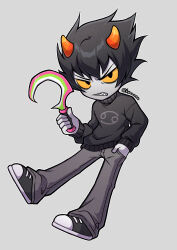  &gt;:( black_hair black_pants black_shoes black_sweater cancer_(symbol) colored_sclera hand_in_pocket highres holding holding_sickle holding_weapon homestuck horns karkat_vantas pants run_tamun scowl sharp_teeth shoes sickle signature sneakers spiky_hair sweater teeth troll_(homestuck) v-shaped_eyebrows weapon yellow_sclera 