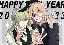  2023 2boys absurdres animal_ears arm_up black_necktie black_ribbon black_shirt black_vest blue_eyes border buttoned_cuffs buttons chinese_zodiac collared_shirt colored_eyelashes commentary_request dated diamond_(shape) dimitri_alexandre_blaiddyd dimitri_alexandre_blaiddyd_(timeskip) double-parted_bangs fire_emblem fire_emblem:_three_houses green_hair hair_between_eyes happy_new_year highres kemonomimi_mode male_byleth_(enlightened)_(fire_emblem) male_byleth_(fire_emblem) male_focus medium_hair mogmog_0205 multiple_boys neck_ribbon necktie ok_sign one_eye_covered outside_border rabbit_boy rabbit_ears ribbon shirt short_hair sleeve_cuffs upper_body v vest white_shirt wing_collar year_of_the_rabbit 