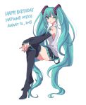  1girl 2013 aqua_eyes aqua_hair boots character_name crossed_legs dated detached_sleeves happy_birthday hatsune_miku high_heels long_hair nail_polish necktie simple_background sitting skirt solo thigh_boots thighhighs twintails very_long_hair vocaloid white_background wink yana870 
