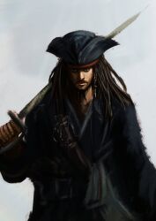  1boy absurdres beard black_robe brown_eyes brown_hair clenched_hand crain1art dreadlocks facial_hair hat highres jack_sparrow long_hair looking_at_viewer male_focus over_shoulder painterly pirate_hat pirates_of_the_caribbean robe scimitar serious solo sword sword_over_shoulder weapon weapon_over_shoulder 