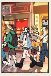  1girl 4boys agatsuma_zenitsu backpack bag black_bag black_hair black_shoes black_skirt blonde_hair blue_hair blue_pants blue_sleeves blunt_ends boar_mask border brown_bag brown_hair closed_eyes eating food full_body green_shirt grey_shorts hair_ribbon hashibira_inosuke highres holding holding_food kamado_nezuko kamado_tanjirou kimetsu_no_yaiba long_hair multicolored_hair multiple_boys open_mouth orange_hair pants plaid_clothes plaid_skirt pleated_skirt rengoku_kyoujurou ribbon shirt shoes short_hair shorts sidelocks skirt smile takeuchi_ryousuke two-tone_hair watch watch white_border white_shoes 