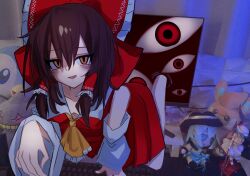  1girl :d all_fours arm_support ascot banette bent_over blush bow breasts breasts_apart brown_eyes brown_hair computer_keyboard crawling detached_sleeves downblouse figure frilled_bow frilled_hair_tubes frills gap_(touhou) genshi_neki ghost_pose hair_bow hair_tubes hakurei_reimu highres komeiji_koishi leaning_forward looking_at_viewer monitor no_bra nontraditional_miko open_mouth pawmi photo_background piplup red_bow red_skirt remilia_scarlet ribbon-trimmed_sleeves ribbon_trim skirt skirt_set small_breasts smile solo stuffed_animal stuffed_toy through_medium through_screen touhou yellow_ascot 