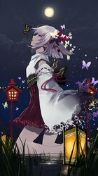  1girl butterfly butterfly_hair_ornament clouds detached_sleeves full_moon grass hair_ornament hakama harano japanese_clothes kneeling lantern looking_up moon night night_sky obi original pantyhose profile short_hair silver_hair sky solo water white_legwear 