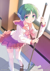  1girl android aquaplus artist_name blouse blush bow brown_shoes buttons collarbone collared_shirt commentary_request company_name contrast_collar copyright_notice dress_shoes from_above green_eyes green_hair guest_art hallway highres holding holding_mop ice indoors loafers long_sleeves looking_at_viewer mop multi_(to_heart) nanao_naru official_art open_mouth pink_bow pleated_skirt red_sailor_collar red_skirt red_sleeve_cuffs robot_ears sailor_collar school second-party_source shadow shirt shoe_strap shoes side_slit skirt sleeve_cuffs solo sunlight thigh-highs tile_floor tiles to_heart to_heart_(series) white_sleeves white_thighhighs window 