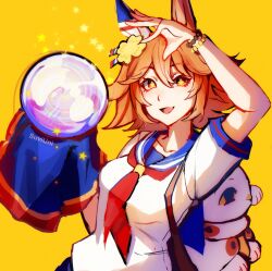  +_+ 1girl animal_ears backpack bag blue_sailor_collar breasts clover_hair_ornament commentary crystal_ball daruma_doll ear_covers english_commentary four-leaf_clover_hair_ornament good_fortune_symbol hair_between_eyes hair_ornament highres holding_orb horse_ears horse_girl looking_at_viewer matikanefukukitaru_(rising_fortune)_(umamusume) matikanefukukitaru_(umamusume) neckerchief open_mouth orange_hair red_neckerchief sailor_collar school_uniform serafuku shirt short_hair short_sleeves single_ear_cover smile solo star_(symbol) suviuni umamusume white_shirt 