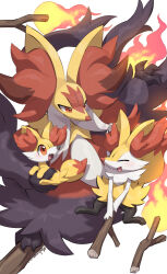  animal_ear_fluff animal_ears black_fur blush braixen broom broom_riding closed_eyes closed_mouth delphox evolutionary_line fangs fennekin fire floating floating_object fox fox_ears furry makoto_ikemu mega_delphox mega_pokemon multicolored_fur open_mouth pokemon pokemon_(creature) pokemon_focus pokemon_legends:_z-a red_eyes red_fur red_nose simple_background smile snout white_fur yellow_fur 