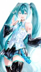  1girl aqua_eyes aqua_hair aqua_necktie black_skirt black_sleeves detached_sleeves grey_shirt hatsune_miku highres long_hair looking_at_viewer necktie number_tattoo pleated_skirt shirt skellychan skirt solo tattoo twintails vocaloid 