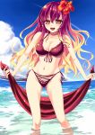  1girl beach bikini blonde_hair blue_sky breasts brown_hair cleavage clouds douji gradient_hair hat hijiri_byakuren large_breasts long_hair multicolored_hair purple_hair skirt skirt_removed sky smile solo sun_hat swimsuit touhou water yellow_eyes 