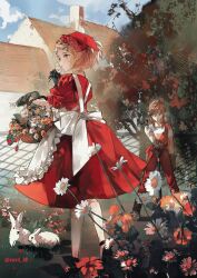  1boy 1girl alternate_costume apron aqua_eyes basket black_gloves black_shoes braid building crown_braid dress flower flower_basket frilled_apron frills garden gloves green_eyes hair_between_eyes hair_ornament hairclip hat highres holding holding_basket holding_flower link medium_hair overalls parted_bangs pointy_ears princess_zelda puffy_short_sleeves puffy_sleeves rabbit red_dress red_flower red_hat red_overalls shirt shoes short_hair short_sleeves sidelocks smile socks strap_slip the_legend_of_zelda the_legend_of_zelda:_breath_of_the_wild the_legend_of_zelda:_tears_of_the_kingdom tree twintails white_apron white_flower white_shirt white_socks zexli_qiu 