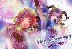  2girls :d anniversary arm_up armpits commentary_request copyright_name dated elf elvaan equip_ammo final_fantasy final_fantasy_xi green_eyes grey_eyes holding holding_microphone horns hume idol lady_lilith lilisette looking_at_viewer microphone multiple_girls pointy_ears red_hair screen_zoom short_hair smile twitter_username v-shaped_eyebrows 
