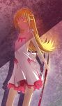  1girl azling bakemonogatari blade blonde_hair blood dress highres long_hair monogatari_(series) oshino_shinobu solo yellow_eyes 