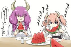  :d aura_(sousou_no_frieren) closed_eyes demon_girl demon_horns drawstring eating food food_in_mouth fruit hood hood_down hoodie horns linie_(sousou_no_frieren) long_sleeves motion_lines pink_hair plate salt_shaker simple_background smile sound_effects sousou_no_frieren speech_bubble table torako_(toramaru) translation_request twintails watermelon watermelon_slice white_background white_hoodie 