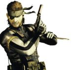  1boy bandana beard big_boss brown_hair earphones eyepatch facial_hair gun knife lowres metal_gear metal_gear_solid_portable_ops mullet naked_snake pistol sneaking_suit suppressor weapon 