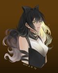  1girl artist_name black_hair blake_belladonna bow brown_background bust dated dy_(372127010) hair_bow long_hair red_string rwby scarf simple_background solo string yellow_eyes 