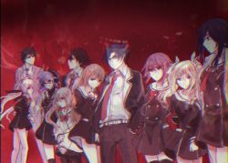  3boys 6+girls arimura_hinae bare_legs belt black_hair black_jacket black_pants black_pantyhose black_thighhighs blonde_hair blue_hair bow buttons cardigan chaos;child chest_bow collared_shirt cropped_jacket double-breasted dress_shirt dress_vest everyone frown glasses hair_between_eyes hekiho_academy_school_uniform itou_shinji_(chaos;child) jacket kazuki_hana kunosato_mio kurusu_nono lapels long_hair long_sleeves loose_necktie minamisawa_senri miniskirt miyashiro_takuru multiple_boys multiple_girls necktie nekoyashiki_08 notched_lapels onoe_serika open_clothes open_collar open_jacket orange_hair pants pantyhose petticoat pink_hair purple_hair red_bow red_necktie sailor_collar school_uniform science_adventure serious shinjo_takeshi shirt short_necktie skirt thigh-highs thighs twintails very_long_hair white_belt white_hood white_sailor_collar white_shirt yamazoe_uki 