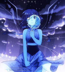  1girl blue_eyes blue_hair blue_skin closed_mouth colored_skin crop_top dav-19 elemental_wings homeworld_gem_uniform homeworld_lapis_lazuli_uniform lapis_lazuli_(species)_(steven_universe) lapis_lazuli_(steven_universe) liquid_wings looking_at_viewer mirror shirt short_hair smile solo steven_universe water water_wings 
