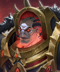  1boy absurdres armor bald black_armor breastplate chaos_(warhammer) eyes_of_horus_(warhammer_40k) full_armor glowing glowing_eyes gold_trim gorget hair_tubes highres horus_lupercal lionsden looking_at_viewer ornate_armor pale_skin pauldrons pelt power_armor primarch red_eyes shoulder_armor slit_pupils terminator_armor warhammer_40k wire wolf_pelt 