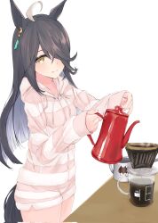  1girl ahoge alakoala alternate_costume animal_ear_piercing animal_ears black_hair blush coffee collarbone commentary_request corrupted_twitter_file cup drawstring from_side hair_over_one_eye highres hood hood_down hoodie horse_ears horse_girl horse_tail logo long_hair looking_at_viewer manhattan_cafe_(umamusume) mug multicolored_hair pajamas pink_hoodie pink_shorts short_shorts shorts sidelocks simple_background sleeves_past_wrists smile solo standing streaked_hair striped_clothes striped_hoodie table tail thighs umamusume white_background white_hair yellow_eyes 
