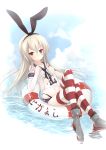  1girl anchor blonde_hair crossed_legs elbow_gloves gloves hair_ornament hairband highres innertube kantai_collection long_hair mitsukii navel open_mouth panties personification sailor_dress shimakaze_(kantai_collection) sitting solo striped striped_legwear thighhighs underwear water yellow_eyes 