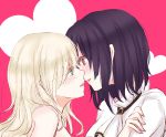  2girls aqua_eyes black_hair blonde_hair blush couple heart incipient_kiss multiple_girls original parted_lips profile red_eyes short_hair side sui_(camellia) yuri 