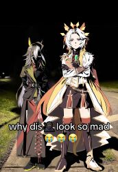  2girls absurdres animal_ears arms_behind_back brown_hair commentary_request crossed_arms dream_journey_(umamusume) emoji english_text glasses grass highres horse_ears horse_girl horse_tail korean_commentary long_hair looking_at_viewer meme multicolored_hair multiple_girls night orange_hair orfevre_(umamusume) photo_background shaded_face streaked_hair tail two-tone_hair umagamja umamusume white_hair why_dis_ninja_look_so_mad_(meme) 