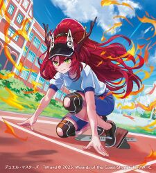  1girl 2025 aratakosu_(tako&#039;s) black_shoes black_visor blue_sky building closed_mouth clouds cloudy_sky copyright_notice dragon_musume_ni_naritakunai! duel_masters fire green_eyes gym_shorts hair_between_eyes hair_ornament hands_on_ground high_ponytail jurako_ljuba knee_pads long_hair official_art on_one_knee outdoors ponytail red_hair running_track shirt shoes shorts sky solo starting_block track_and_field very_long_hair white_shirt 