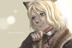  1boy animal_ears aqua_eyes artist_name black_gloves cat_boy cat_ears character_name commentary_request facial_mark final_fantasy final_fantasy_xi fingerless_gloves fur_trim gloves hair_between_eyes jasmine918 lehko_habhoka looking_ahead male_focus medium_hair mithra_(ff11) portrait smile solo whisker_markings 