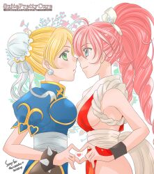  absurdres akiman_pose bare_shoulders blonde_hair blue_eyes bracelet brown_pantyhose bun_cover china_dress chinese_clothes chun-li chun-li_(cosplay) commission cosplay crossover cure_melody cure_rhythm dress earrings fatal_fury green_eyes hair_bun highres hirota_kaoru houjou_hibiki japanese_clothes jewelry koshimizu_ami minamino_kanade ninja orikasa_fumiko pantyhose pelvic_curtain pink_hair precure revealing_clothes shiranui_mai shiranui_mai_(cosplay) skeb_commission spiked_bracelet spikes street_fighter suite_precure the_king_of_fighters twintails voice_actor_connection yuri 