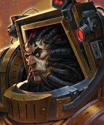  1boy absurdres armor bald breastplate chaos_(warhammer) closed_mouth full_armor glowing gold_trim gorget grey_armor hair_tubes highres iron_warriors lionsden looking_at_viewer ornate_armor perturabo power_armor primarch shoulder_armor warhammer_40k 